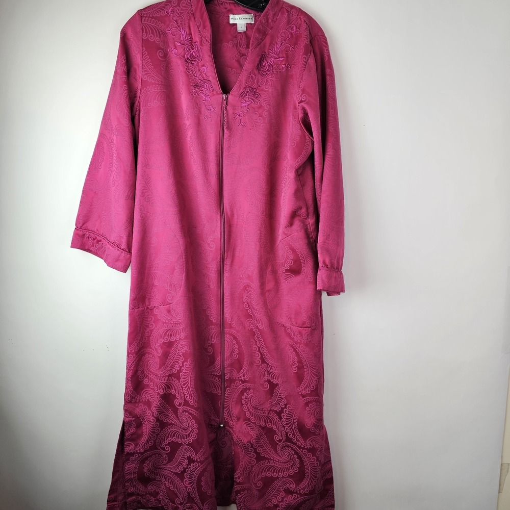 Miss Elaine Robe Zip Front Brushed Back "Satin" Sz S Floral Jacquard Loungewear